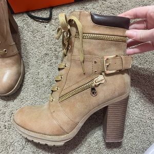 Guess high heel tan bootie size 7 worn ONCE. Perfect condition with box